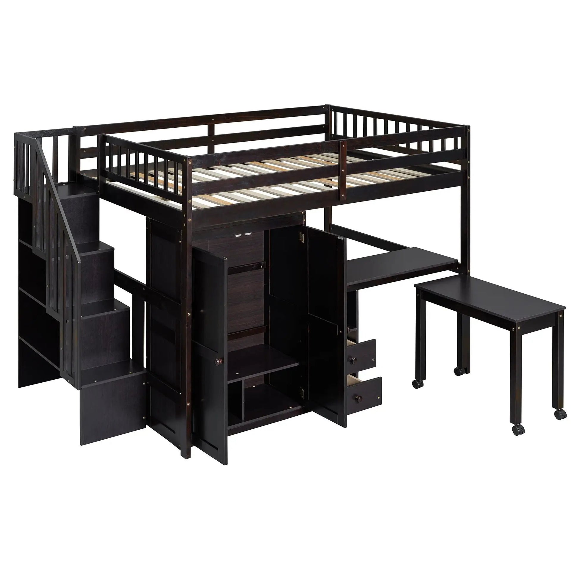 Loft bed with stairs, desk and built-in storage in dark wood finish by Unique Piece Furniture on Tampa Home & Garden Store