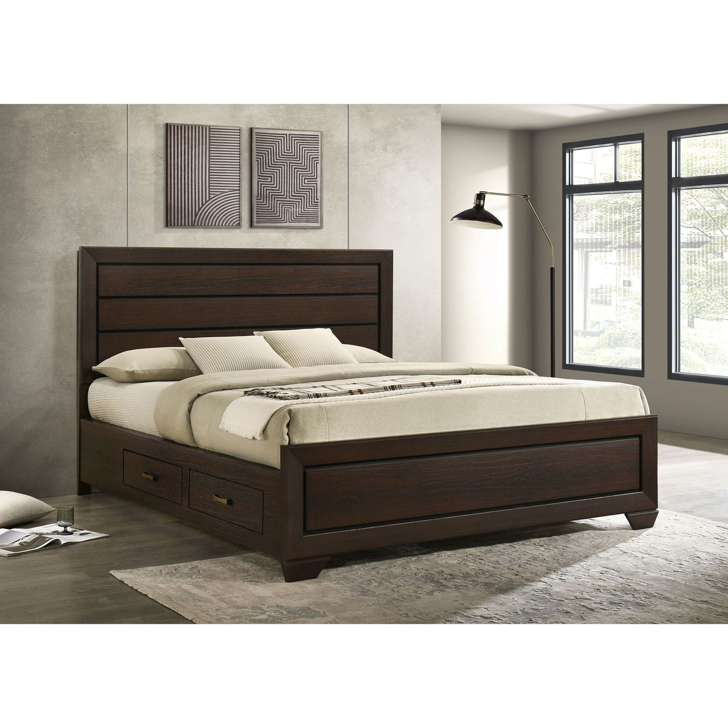 Holmgren Panel Bed With Side Drawers in dark wood with wide headboard and built-in drawers on Tampa Home & Garden Store