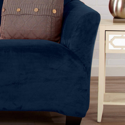 Velvet Stretch Slipcover - Gale Collection navy over chair with mauve knit pillow on Tampa Home & Garden Store