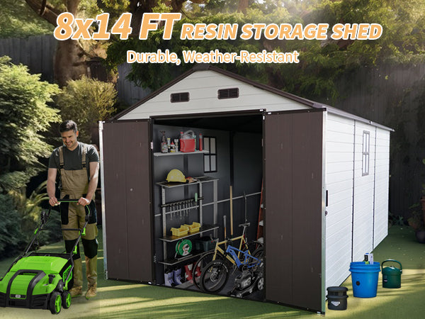 8x14 Ft Outdoor Resin Storage Shed with Windows, white panels and brown doors by HouseOfZazla on Tampa Home & Garden Store