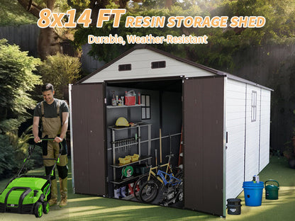 8x14 Ft Outdoor Resin Storage Shed with Windows, white panels and brown doors by HouseOfZazla on Tampa Home & Garden Store