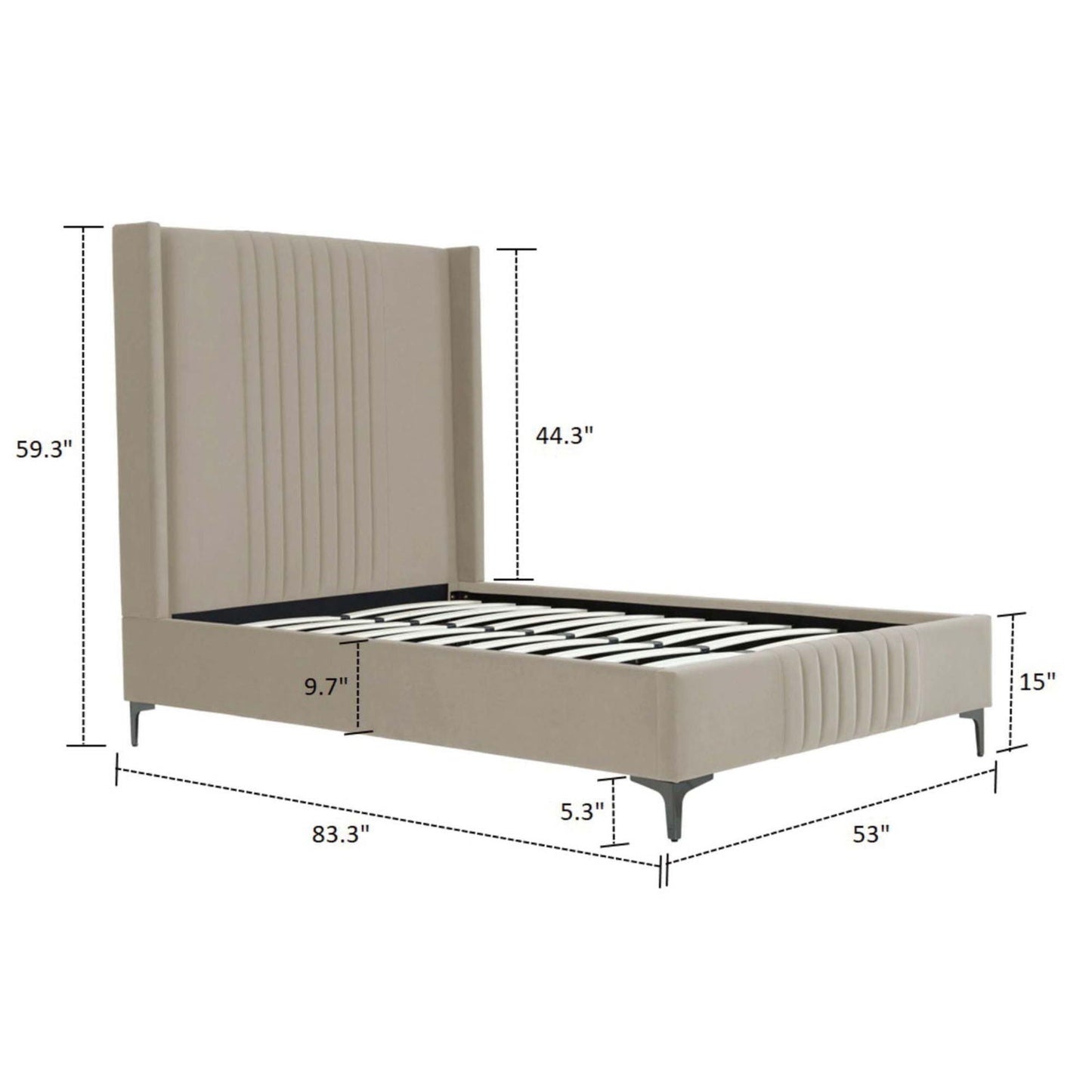 Promenade upholstered bed with tall beige headboard and slats, HouseOfZazla, 83.3 in L x 53 in W on Tampa Home & Garden Store