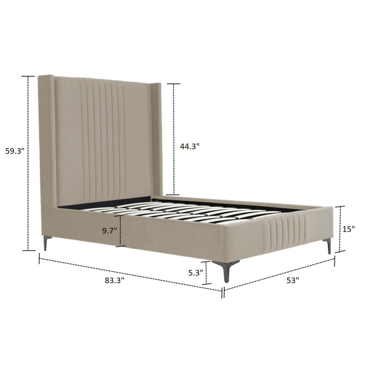 Promenade upholstered bed with tall beige headboard and slats, HouseOfZazla, 83.3 in L x 53 in W on Tampa Home & Garden Store