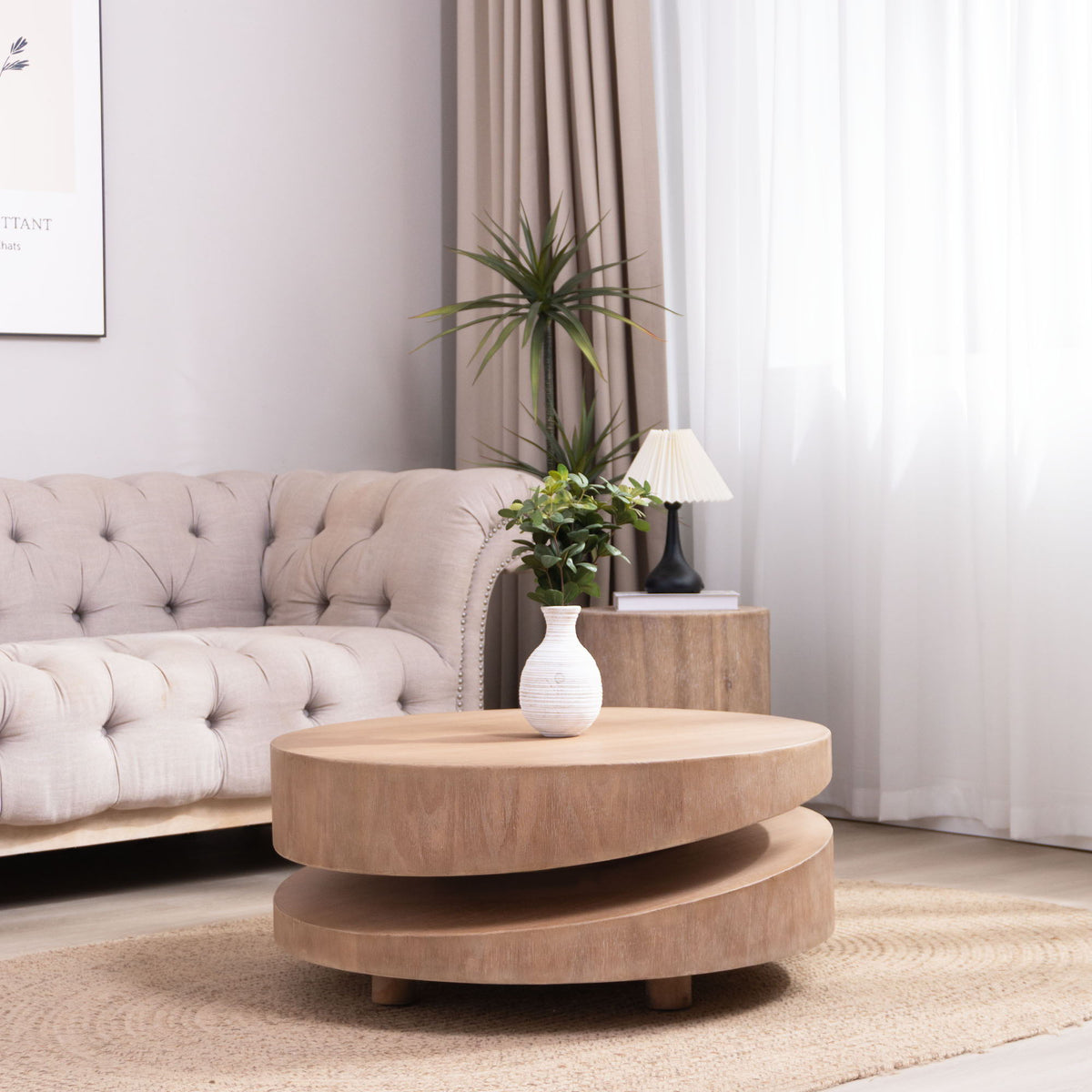 Modern round wood coffee table with sculptural two-tier design in natural finish, HouseOfZazla on Tampa Home & Garden Store