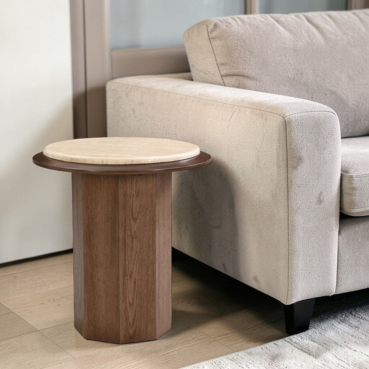 Walnut end table with travertine top on a rounded walnut pedestal base by HouseOfZazla on Tampa Home & Garden Store