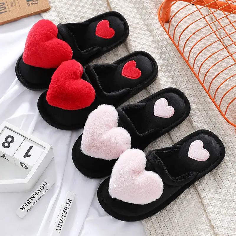 Fluffy heart slippers by FLIPSTYLEZLLC, black slides with red and pink hearts, set of 4 on Tampa Home & Garden Store