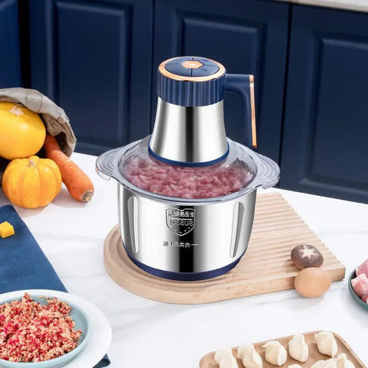 Electric Meat Grinder and 5L Food Processor in stainless steel with blue accents on Tampa Home & Garden Store