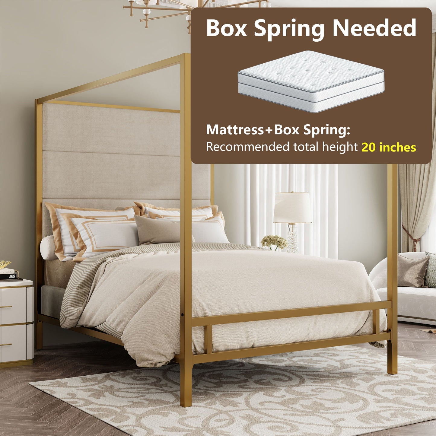 Canopy bed with tall beige upholstered headboard and gold four-poster frame by HouseOfZazla on Tampa Home & Garden Store