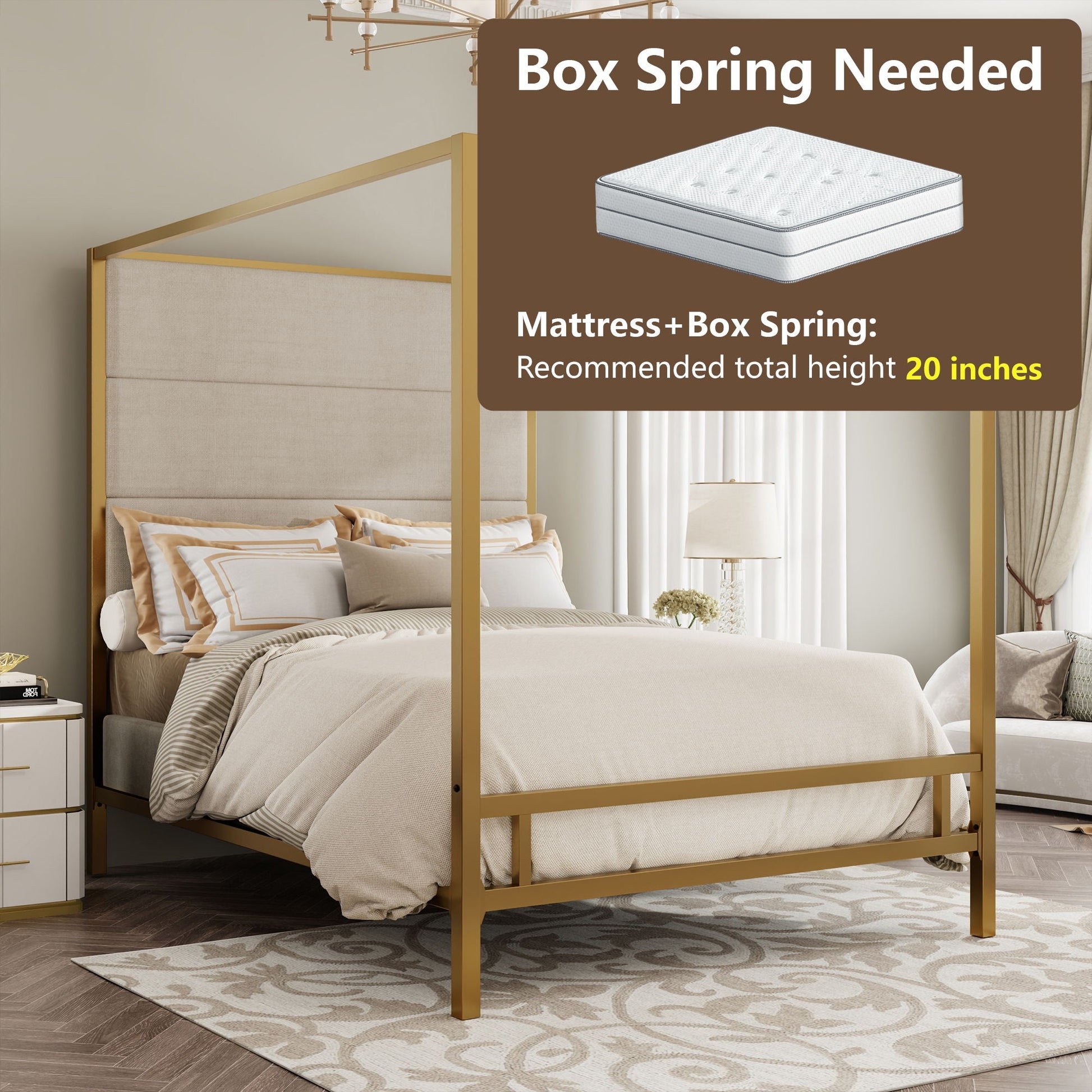 Canopy bed with tall beige upholstered headboard and gold four-poster frame by HouseOfZazla on Tampa Home & Garden Store