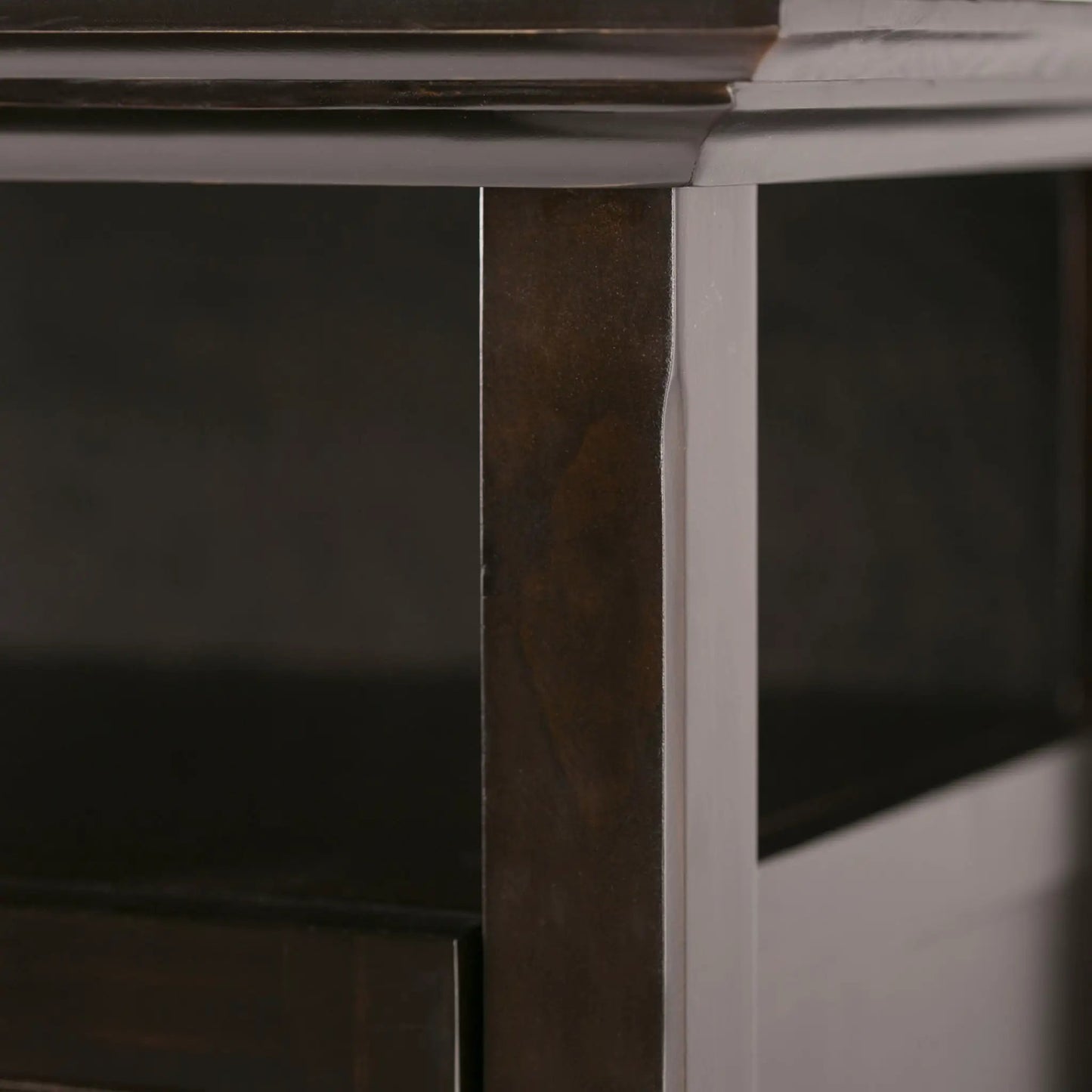 Amherst TV media stand handcrafted in two-tone dark brown wood with gray metal legs on Tampa Home & Garden Store