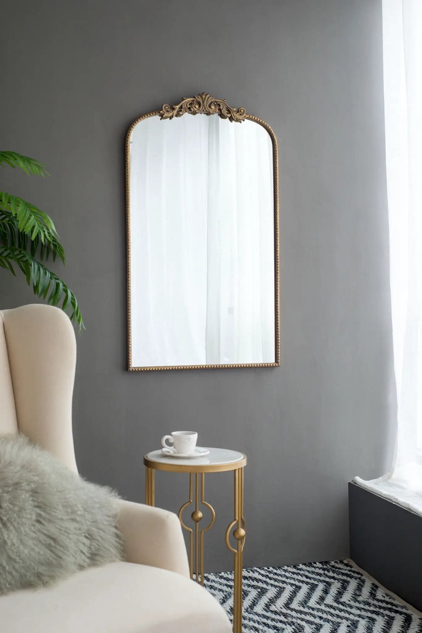Arch Mirror with gold Baroque crest and beaded edge, Unique Piece Furniture wall decor on Tampa Home & Garden Store