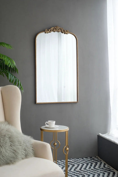 Arch Mirror with gold Baroque crest and beaded edge, Unique Piece Furniture wall decor on Tampa Home & Garden Store