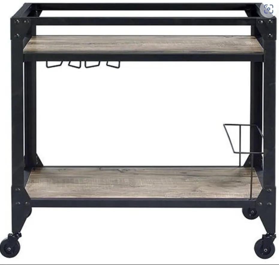Jorgensen Serving Cart in rustic oak top and charcoal metal frame with wine glass rack and wheels on Tampa Home & Garden Store