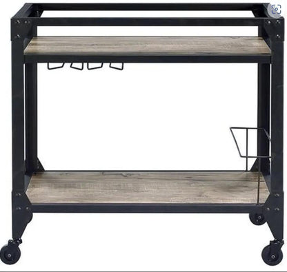 Jorgensen Serving Cart in rustic oak top and charcoal metal frame with wine glass rack and wheels on Tampa Home & Garden Store