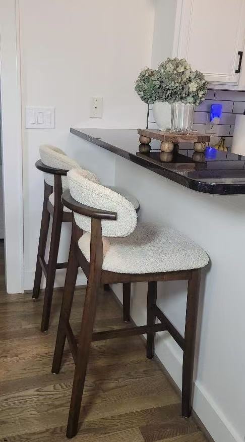 ACTU Bar Stool Set of 2, 30” upholstered bar stools in cream fabric with dark wood legs on Tampa Home & Garden Store