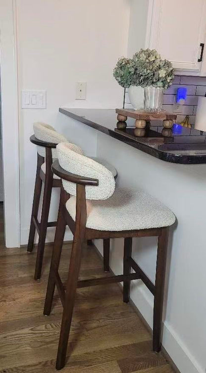 ACTU Bar Stool Set of 2, 30” upholstered bar stools in cream fabric with dark wood legs on Tampa Home & Garden Store