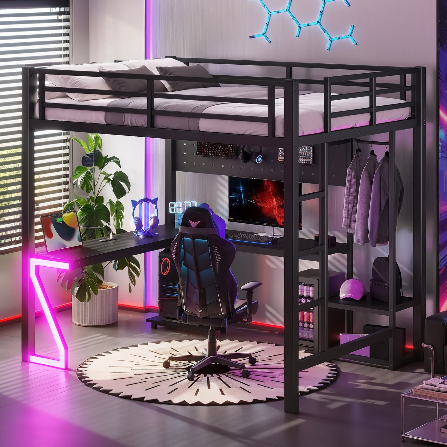 Full loft bed with L-shaped desk and USB ports in black metal frame HouseOfZazla on Tampa Home & Garden Store