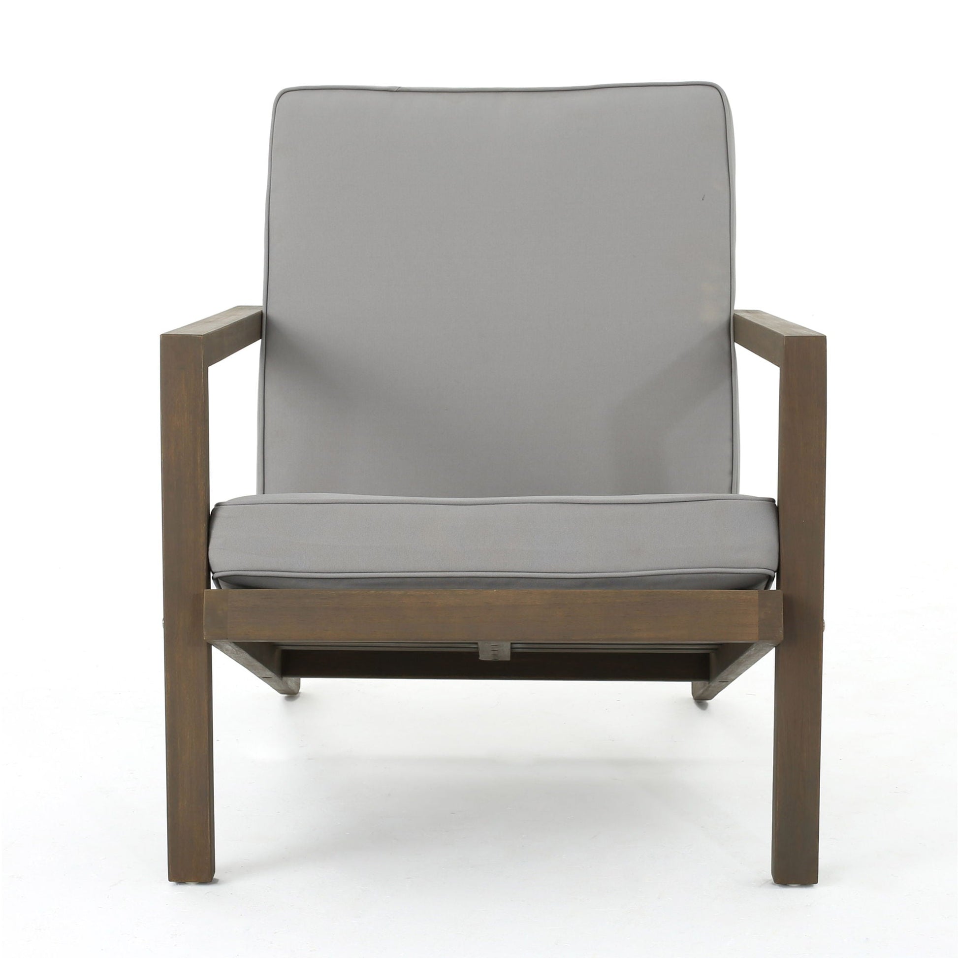 Celestaria 3-Piece Outdoor Chat Set chair with gray cushions and dark wood frame plus side table on Tampa Home & Garden Store