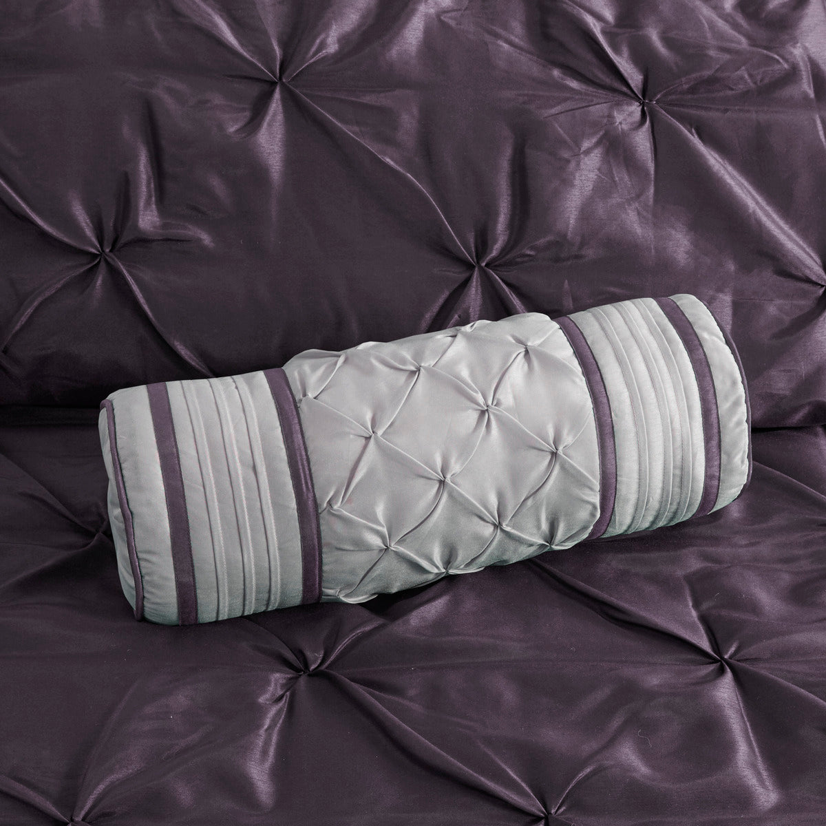 7-Piece Plum Cal King Tufted Comforter Set with gray cylindrical bolster pillow on Tampa Home & Garden Store