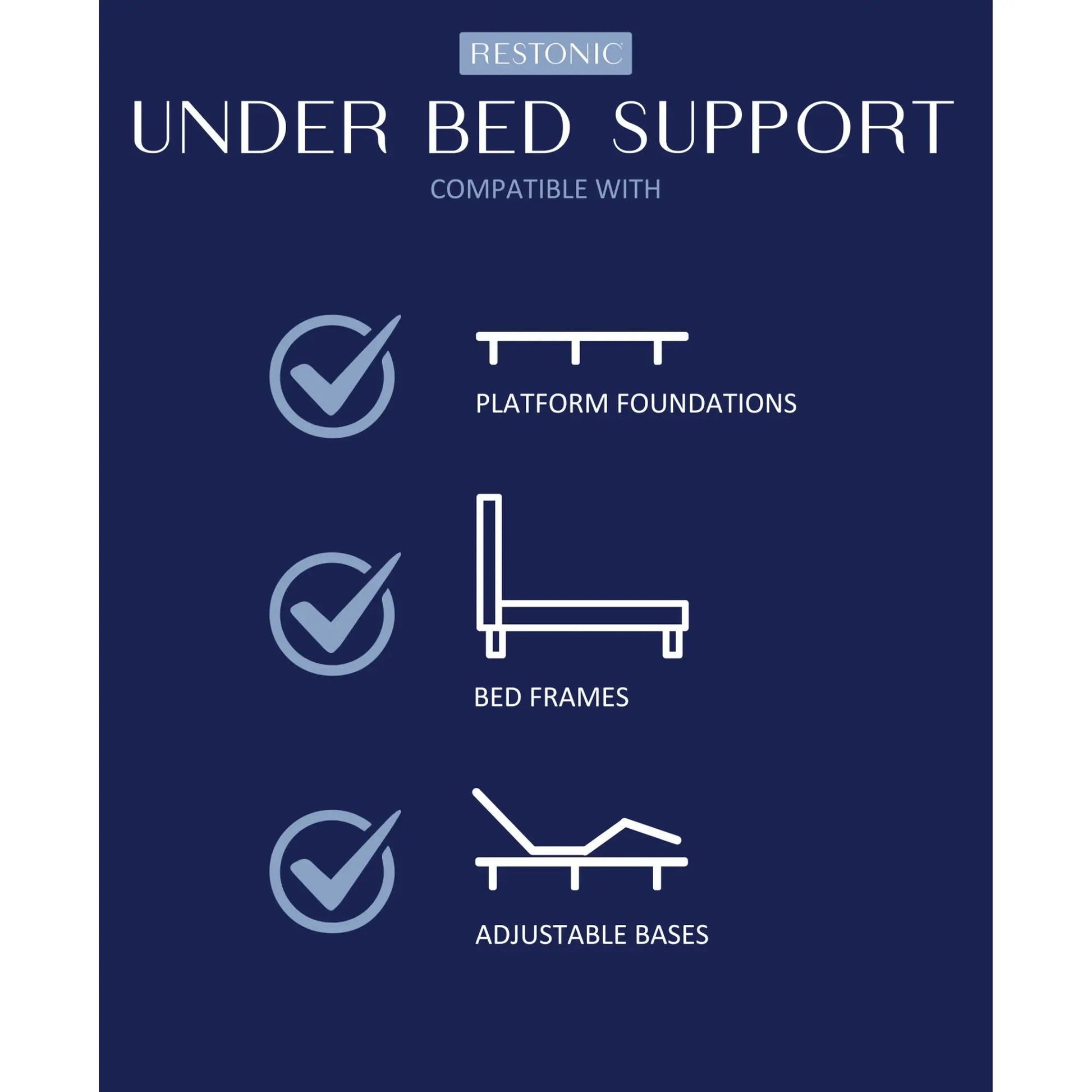 Restonic under bed support with platform foundations, bed frames and bases on dark blue on Tampa Home & Garden Store