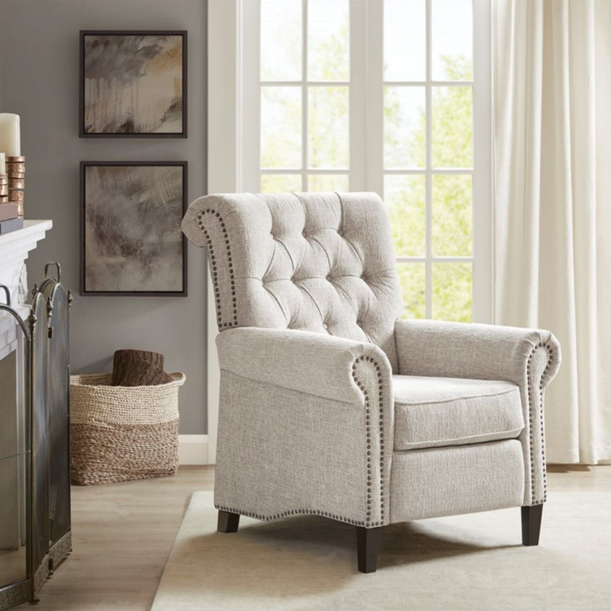 Aidan pushback recliner chair cream fabric with tufted back and nailhead trim HouseOfZazla on Tampa Home & Garden Store