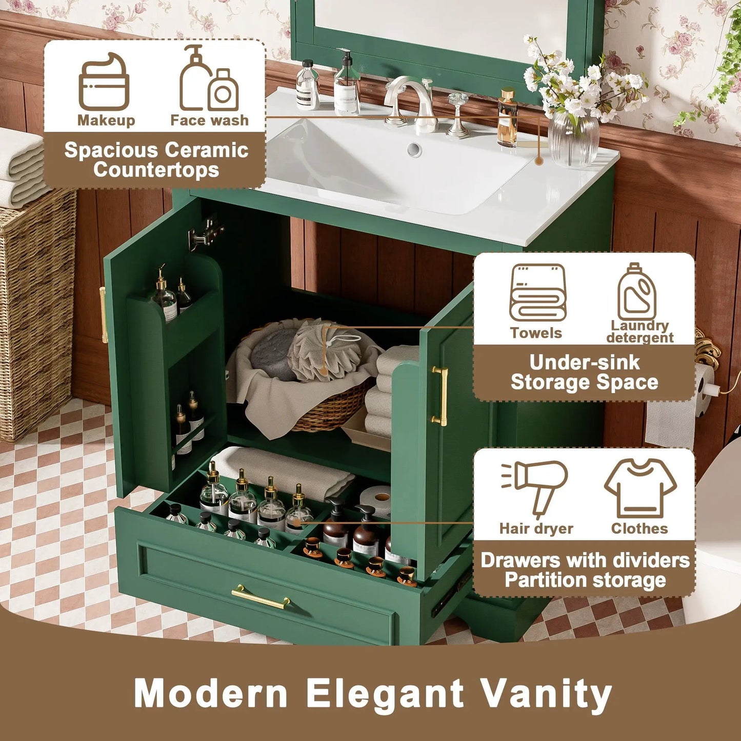 Bathroom Vanity With Sink, countertop, 1 divided drawer and 2 soft-close doors with double shelf on Tampa Home & Garden Store