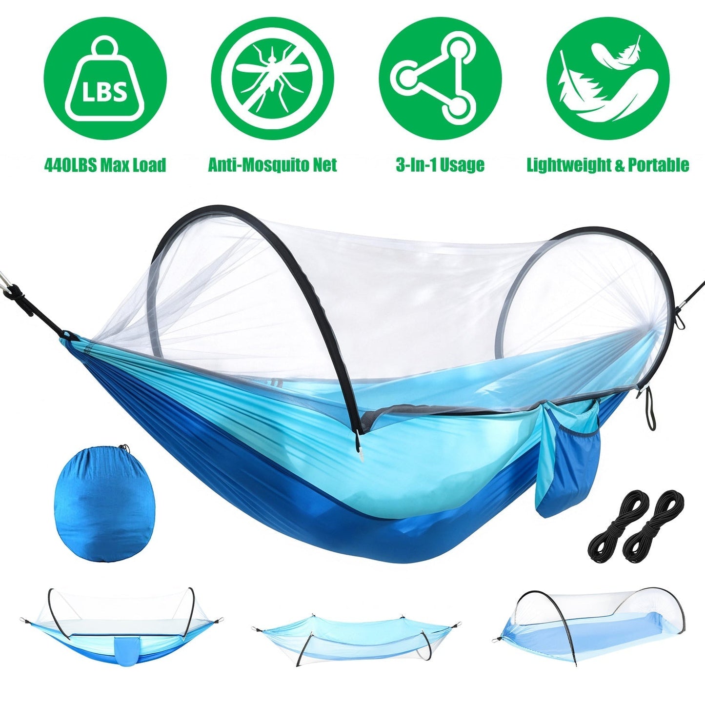 Camping Hammock with Mosquito Net GemGear, blue/white, 440lbs, 3-in-1 portable design on Tampa Home & Garden Store