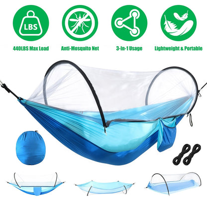 Camping Hammock with Mosquito Net GemGear, blue/white, 440lbs, 3-in-1 portable design on Tampa Home & Garden Store