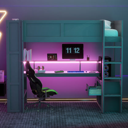 Gaming loft bed with desk, teal finish, storage shelves, LED lighting and charging station on Tampa Home & Garden Store