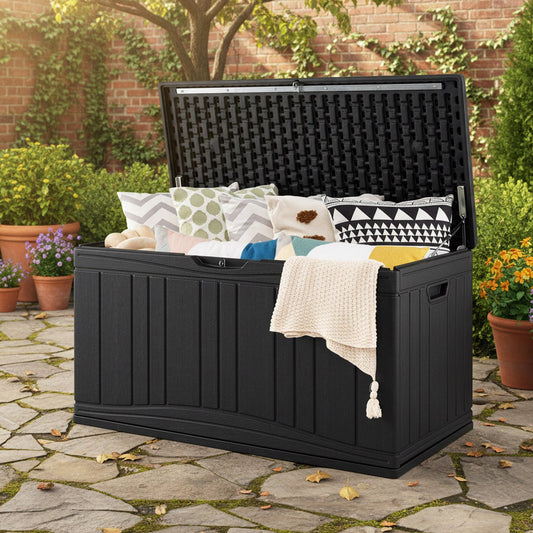 80 Gallon Outdoor Deck Box with Lockable Lid by DirectDeals, black plastic storage chest on Tampa Home & Garden Store