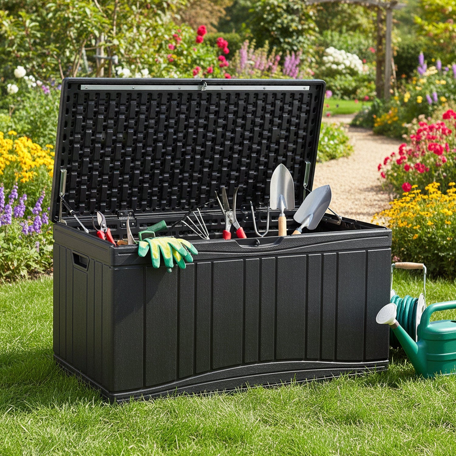 80-Gallon DirectDeals deck box with lockable lid black resin outdoor storage with tools on Tampa Home & Garden Store
