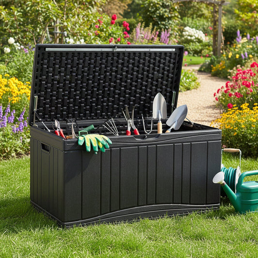 80-Gallon DirectDeals deck box with lockable lid black resin outdoor storage with tools on Tampa Home & Garden Store