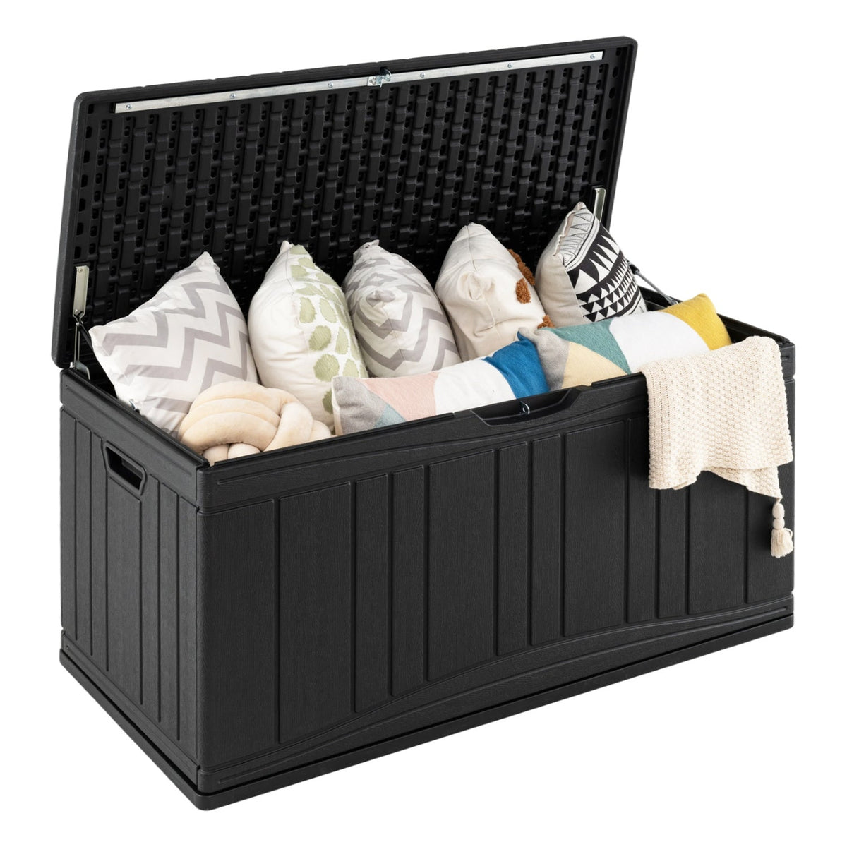 80 Gallon Outdoor Deck Box with Lockable Lid, black plastic, DirectDeals storage box on Tampa Home & Garden Store