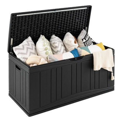80 Gallon Outdoor Deck Box with Lockable Lid, black plastic, DirectDeals storage box on Tampa Home & Garden Store