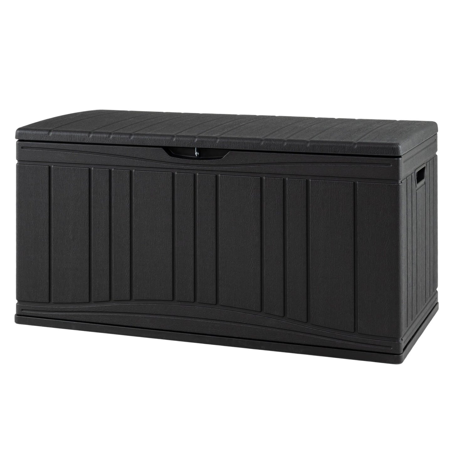 Deck box 80 gallon outdoor with lockable lid, black plastic with vertical panel texture on Tampa Home & Garden Store
