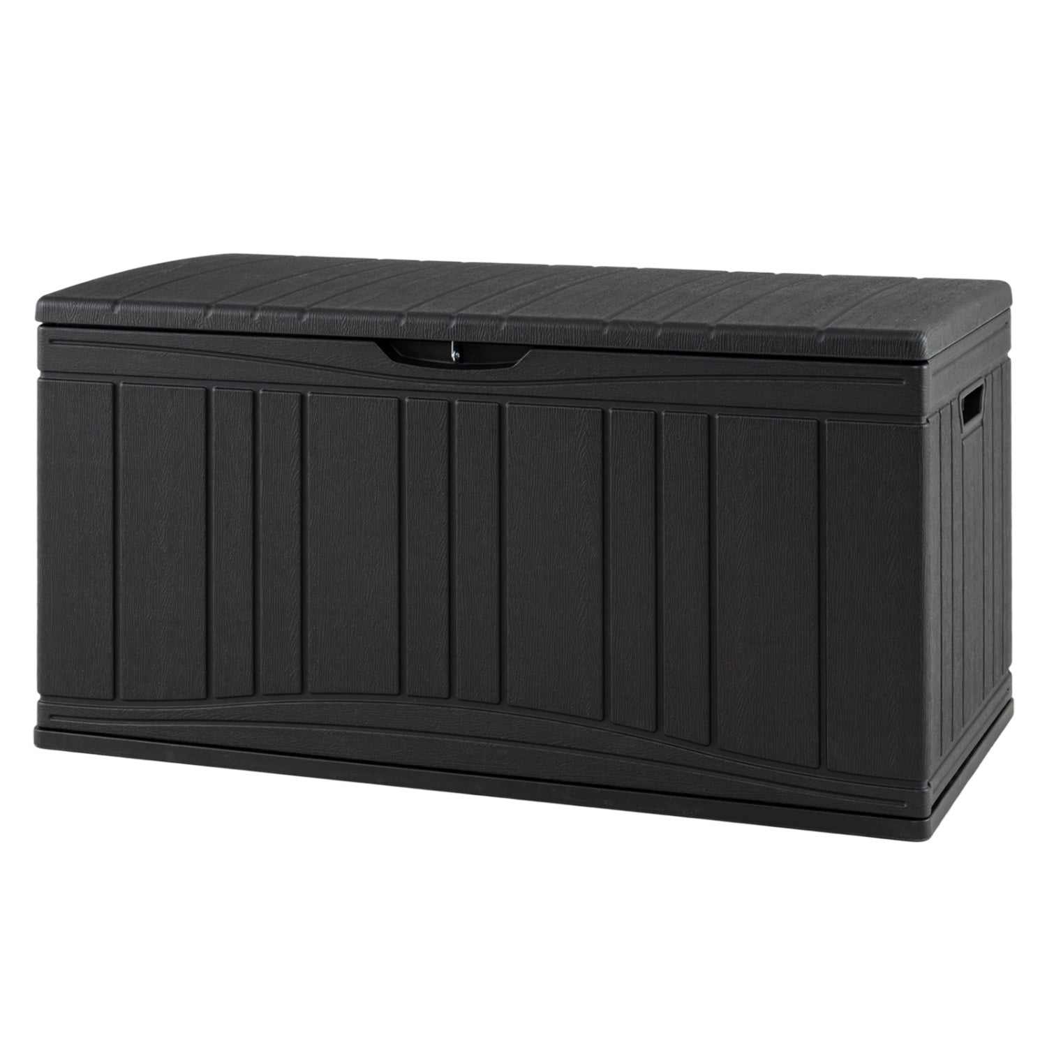 Deck box 80 gallon outdoor with lockable lid, black plastic with vertical panel texture on Tampa Home & Garden Store