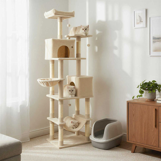 80 Inches Tall Cat Tree with 2 Large Condos and Dangling Toys - Tampa Home & Garden Store