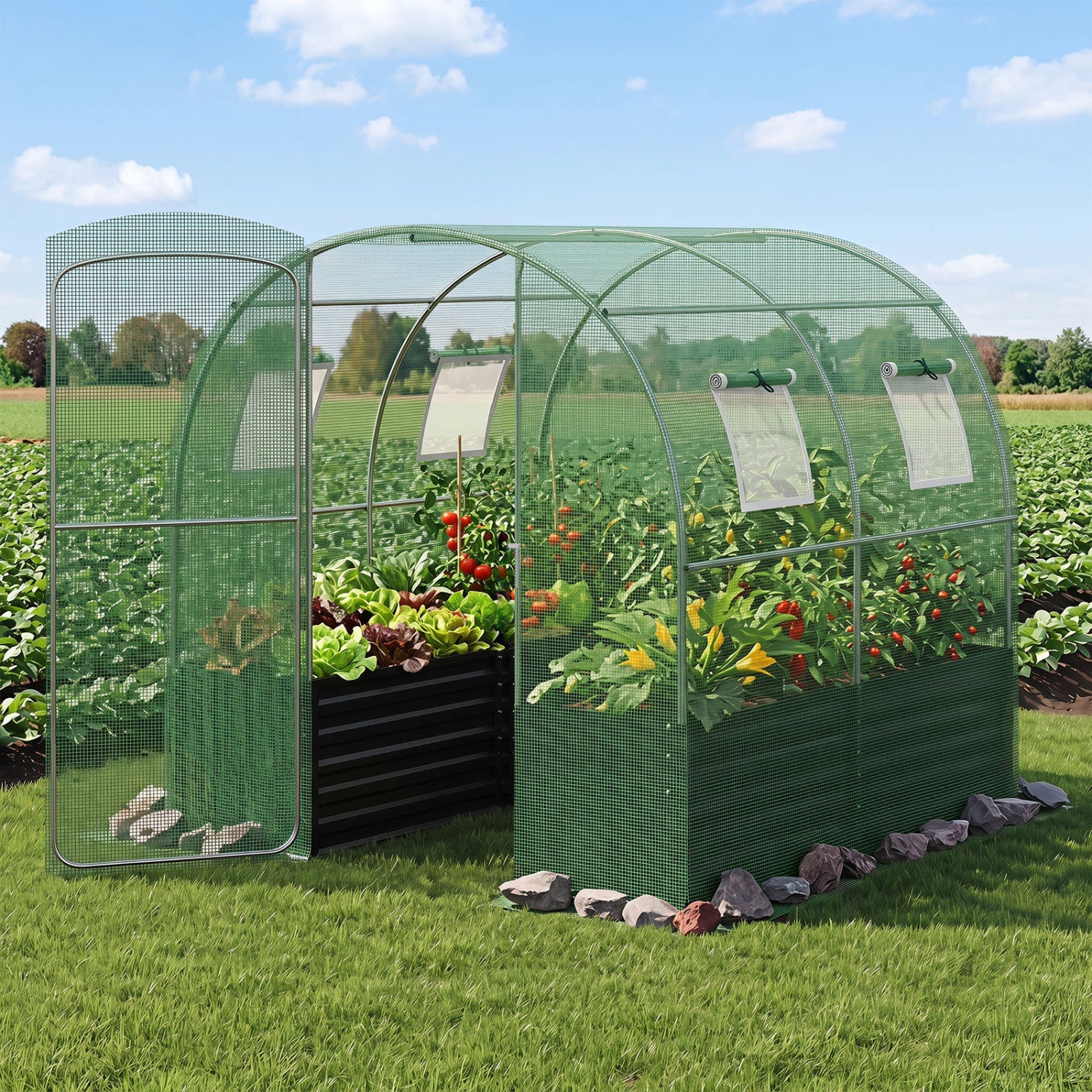 Walk-In Greenhouse with Planter Bed, green metal frame and mesh panels, 80x79x79 in on Tampa Home & Garden Store