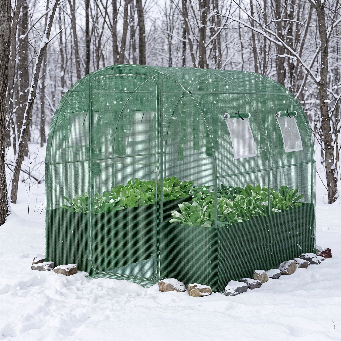 DirectDeals walk-in greenhouse with planter bed, 80x79x79 in, green arch-frame in snow on Tampa Home & Garden Store