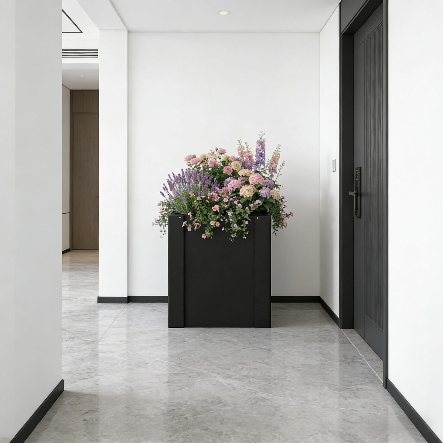 Modern Planter Bed by HouseOfZazla black elevated outdoor planter with pink purple flowers on Tampa Home & Garden Store
