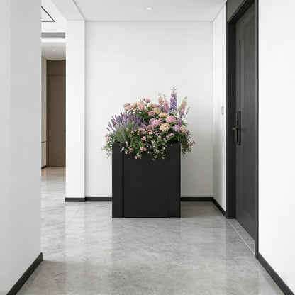 Modern Planter Bed by HouseOfZazla black elevated outdoor planter with pink purple flowers on Tampa Home & Garden Store