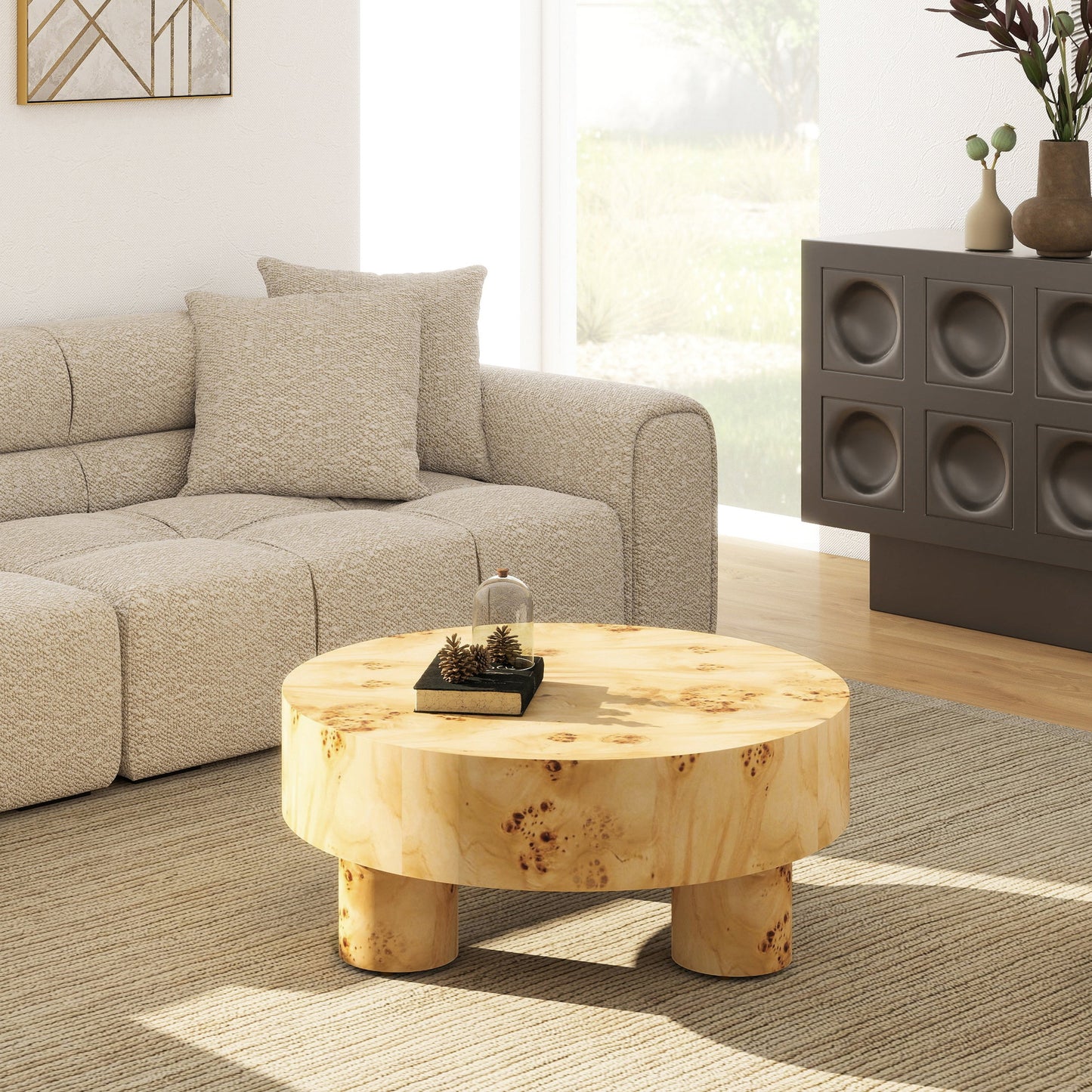 Nebula 35.5' round pillar-leg coffee table in warm natural brown burl wood on Tampa Home & Garden Store