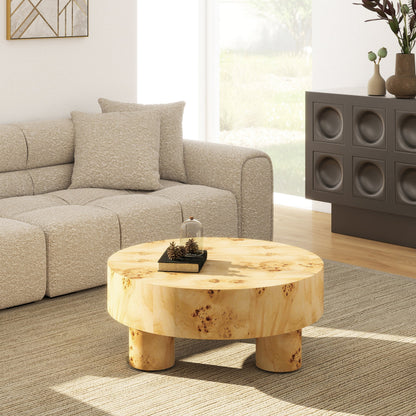 Nebula 35.5' round pillar-leg coffee table in warm natural brown burl wood on Tampa Home & Garden Store