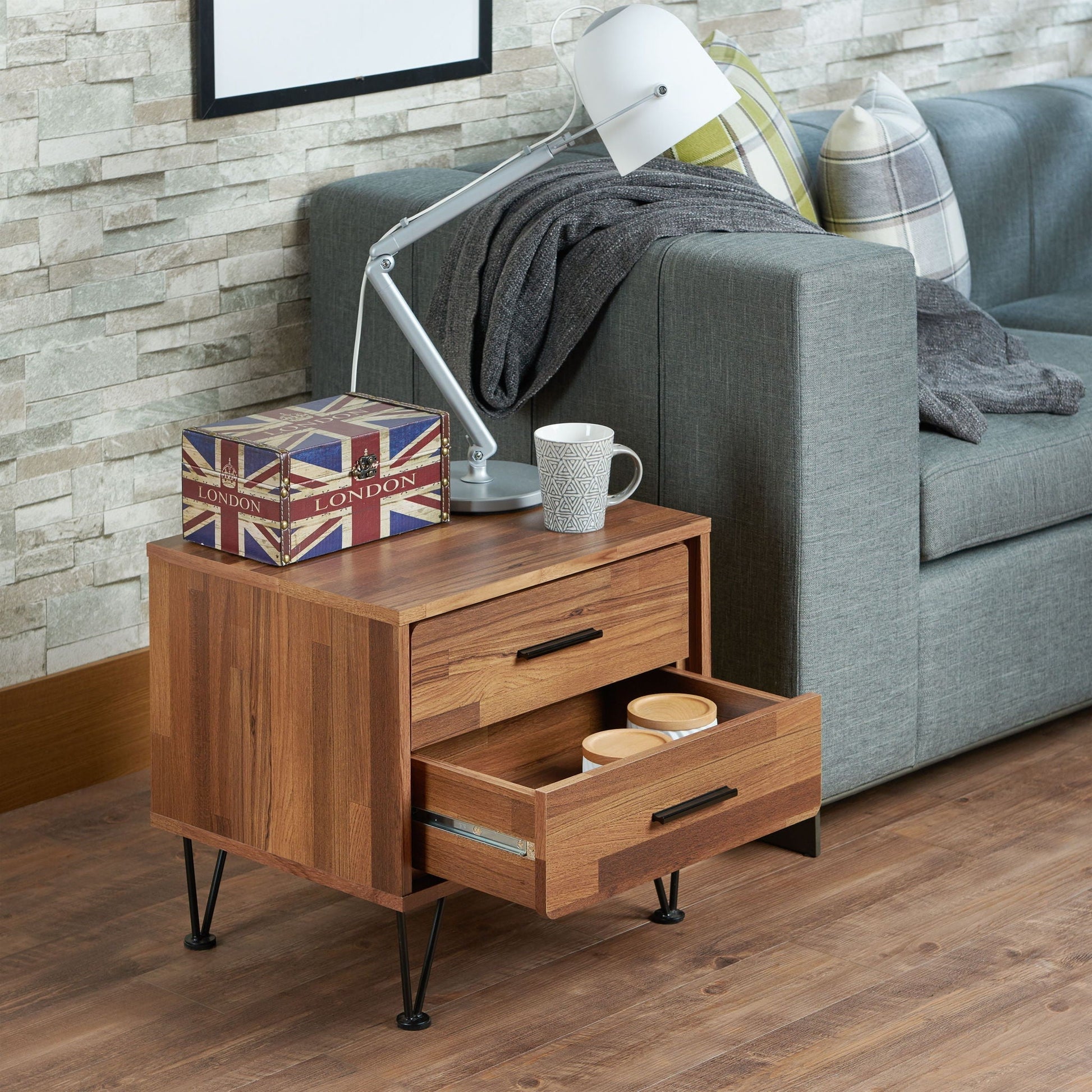 Deoss Walnut accent table with two drawers on black hairpin legs on Tampa Home & Garden Store