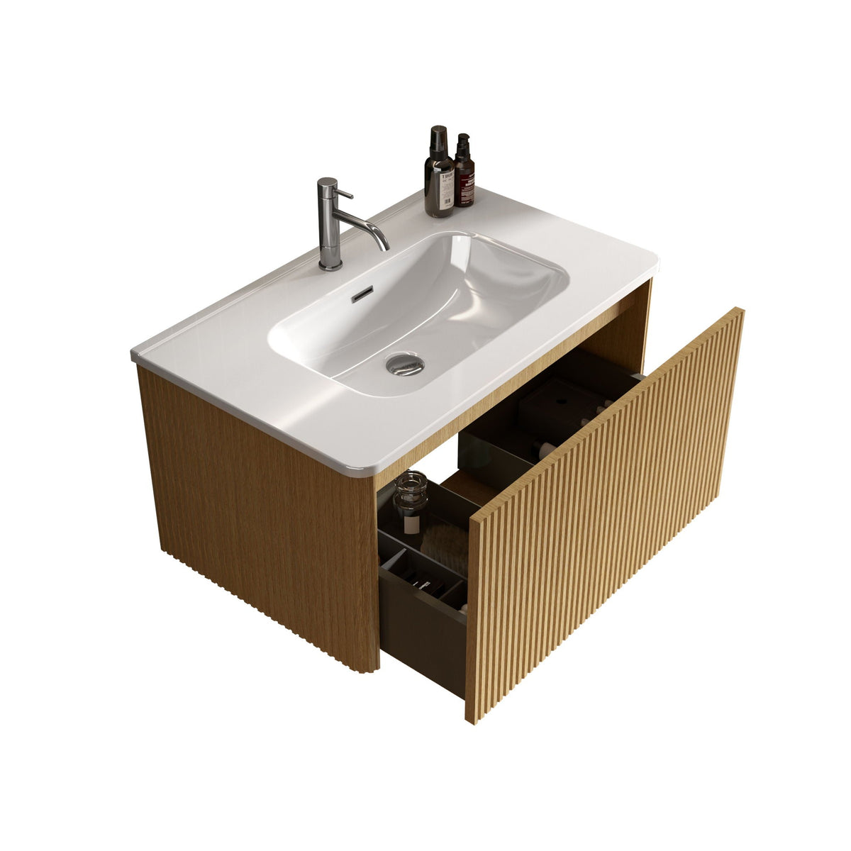 Striped wall-mounted bathroom vanity with ceramic sink, floating unit, curved edges, chrome faucet on Tampa Home & Garden Store