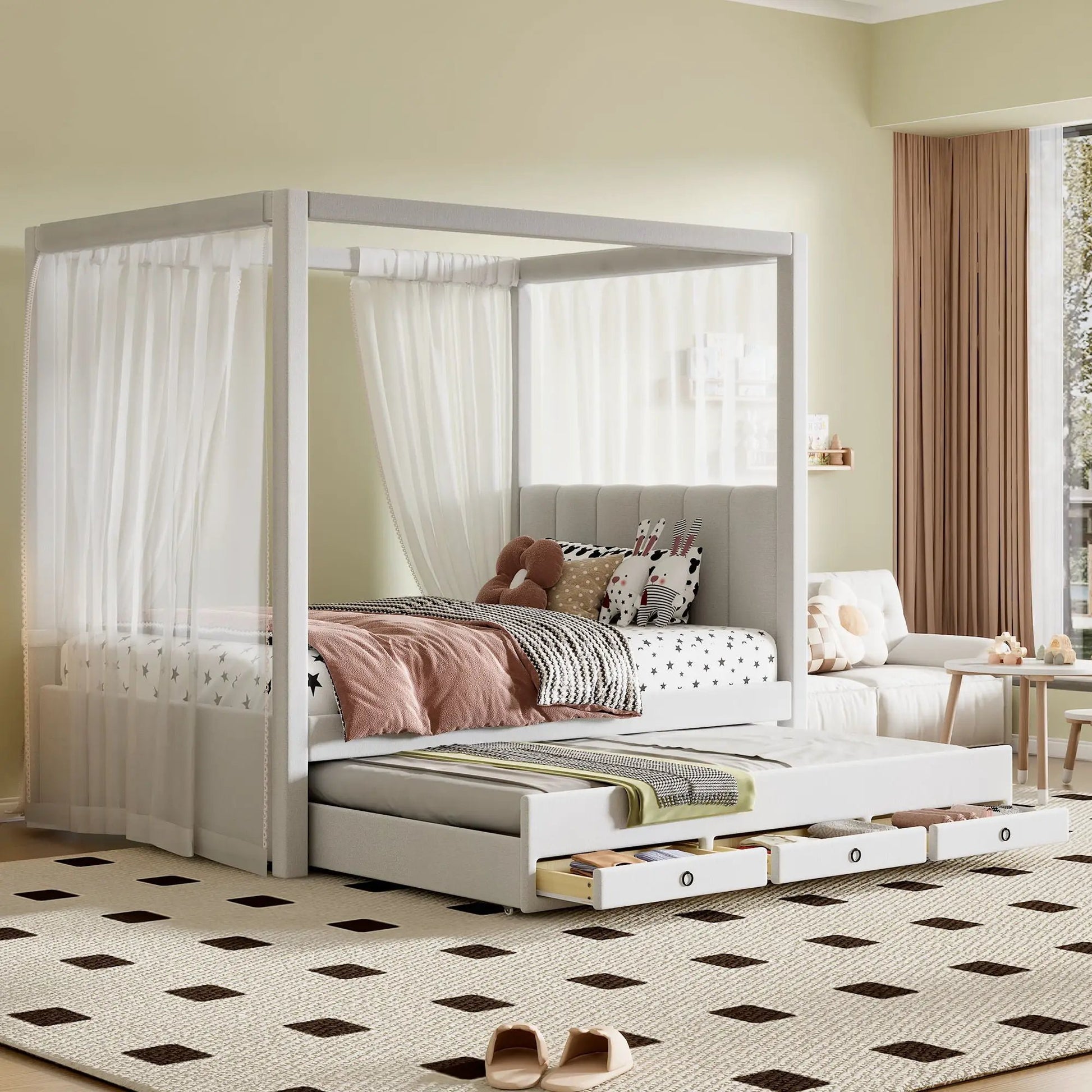 Canopy platform bed with trundle and three drawers in gray fabric by Unique Piece Furniture on Tampa Home & Garden Store