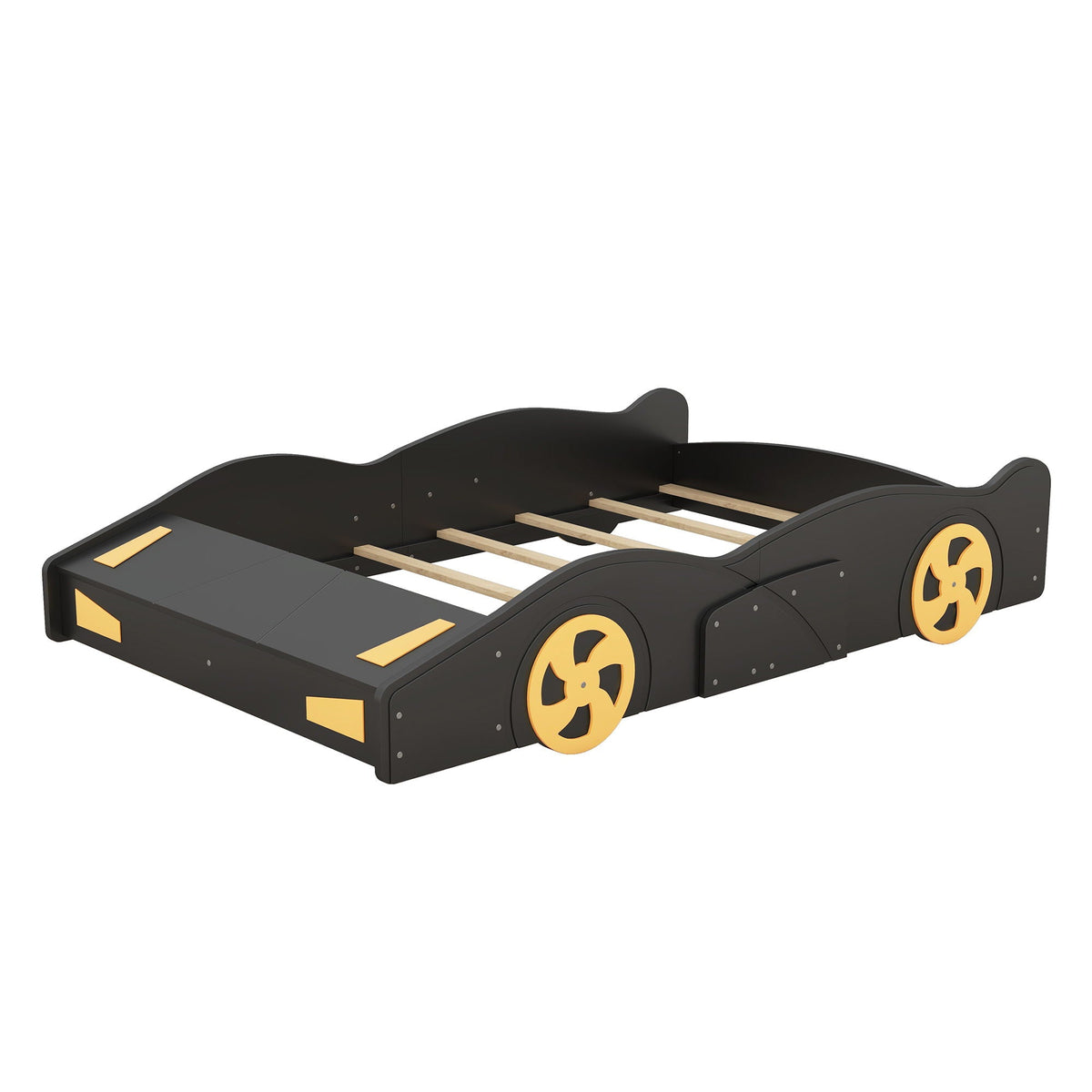 Race car shaped platform bed frame in black with yellow wheel accents and wooden slats on Tampa Home & Garden Store