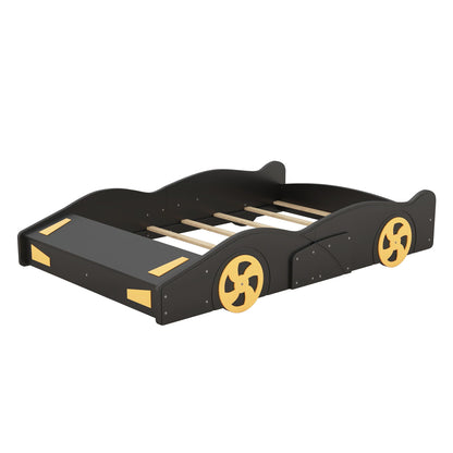 Race car shaped platform bed frame in black with yellow wheel accents and wooden slats on Tampa Home & Garden Store
