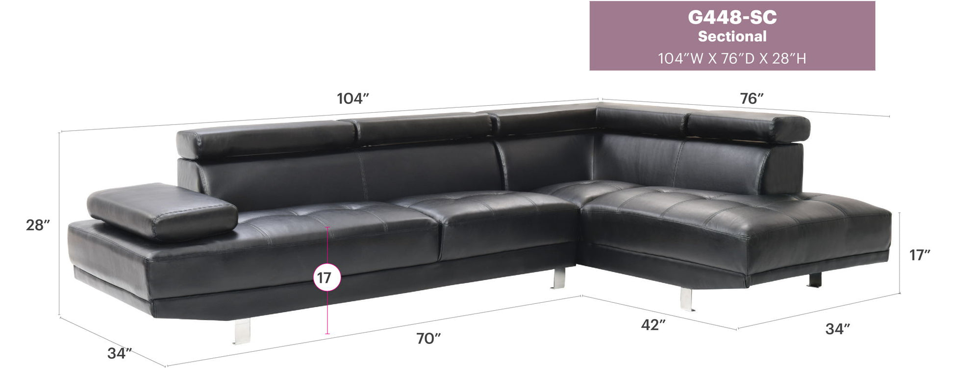 Riveredge Comfort Sectional black leather with chaise 104W x 76D x 28H by HouseOfZazla on Tampa Home & Garden Store