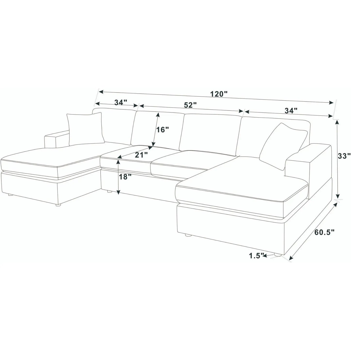 3 Piece Double Chaise Sectional Sofa for Family